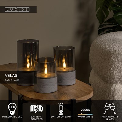 Lucide VELAS - Table lamp - Batteries - Ø 8 cm - LED - 3x0,2W 2700K - Smoke Grey - Set of 3